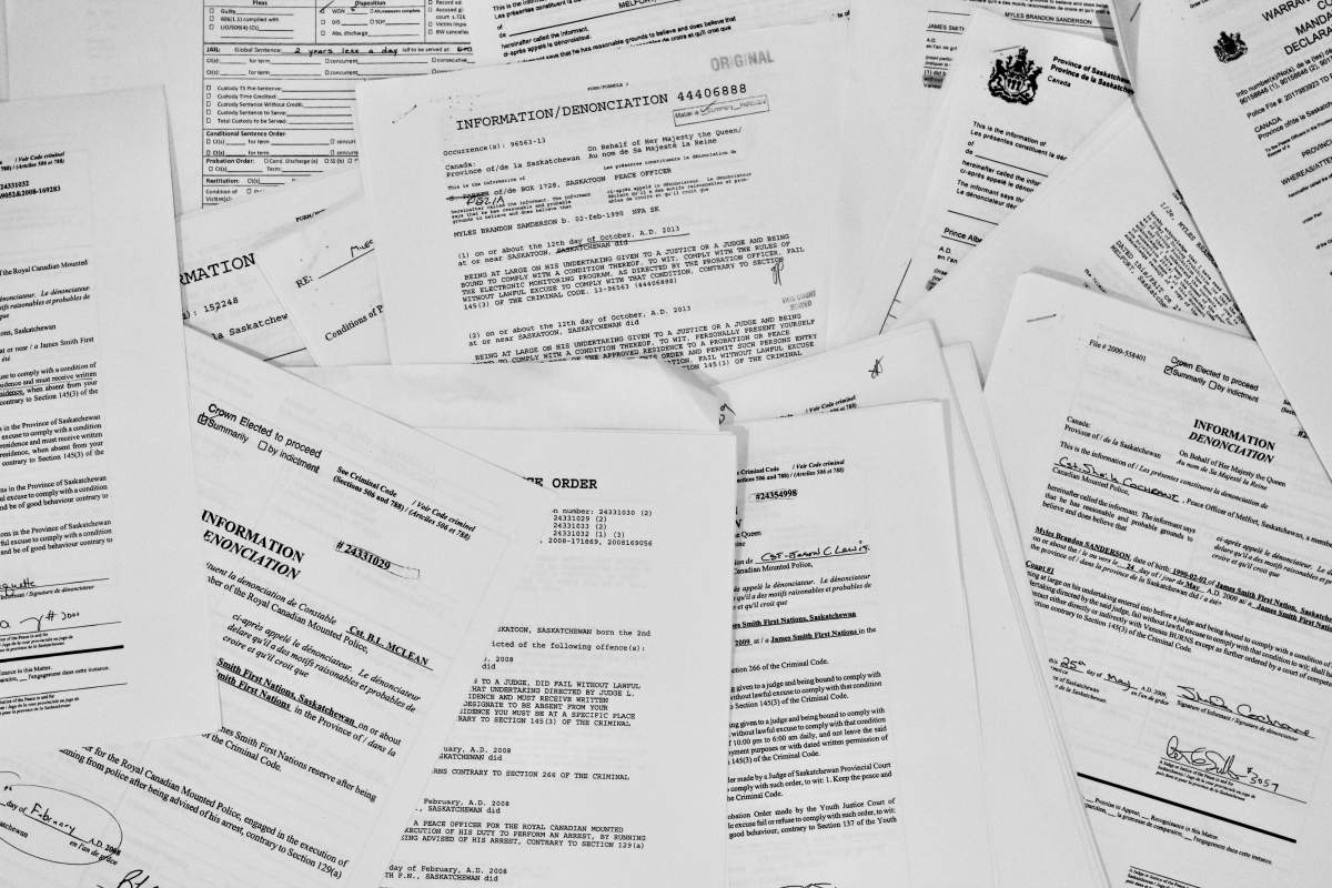 Myles Sanderson’s criminal files in the Saskatchewan provincial courts.