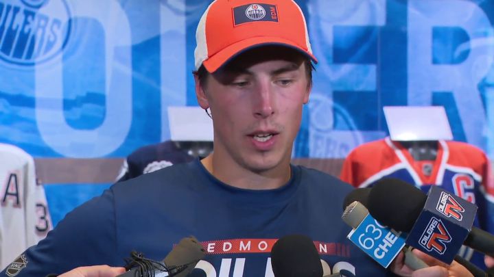 Oilers forward Ryan Nugent-Hopkins speaks to reporters in Edmonton on Sep. 12, 2022.