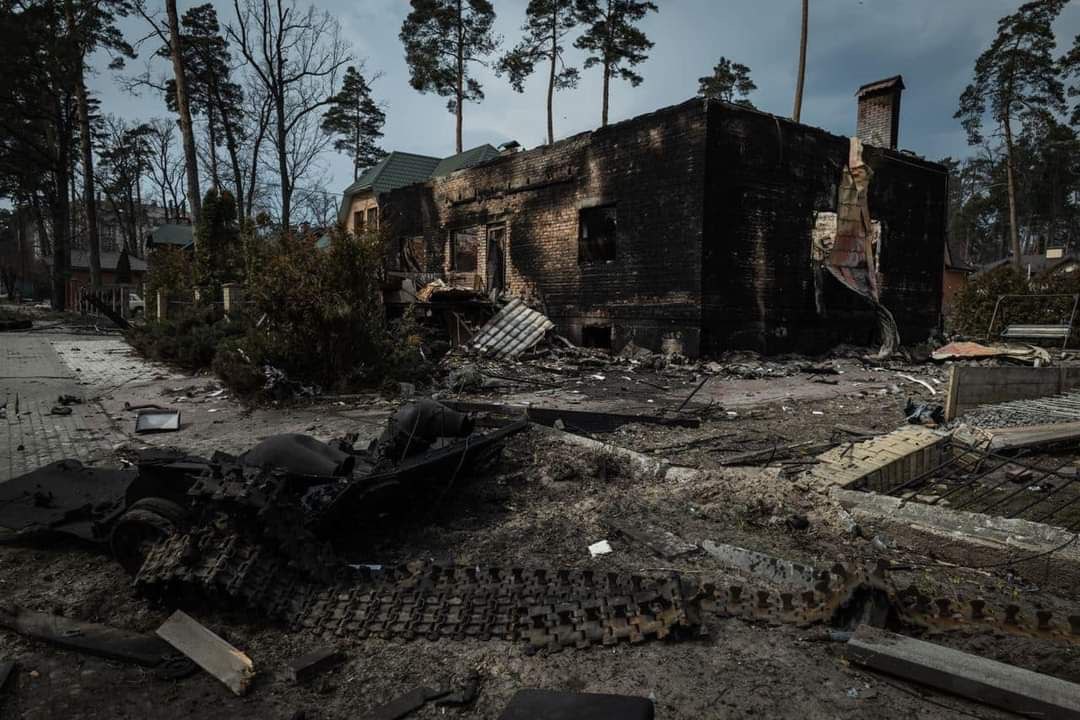 Olga Myrochuk’s neighbourhood in the city of Irpin, after it was destroyed by Russian shelling.