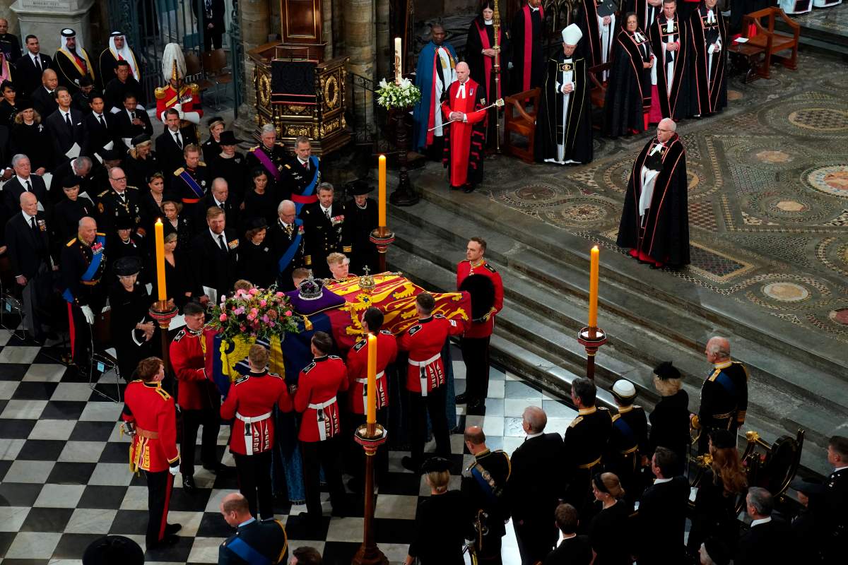 The coffin is placed near the altar at the State Funeral of Queen Elizabeth II, held at Westminster Abbey, London, on Sept. 19.