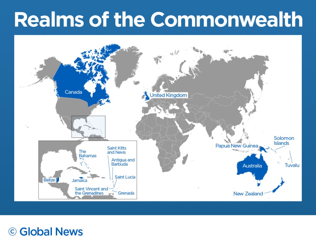 Realms of the Commonwealth as of 2022, with 15 countries highlighted on a world map