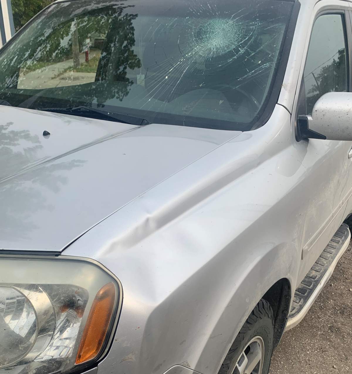 The windshield of a vehicle damaged in the incident.