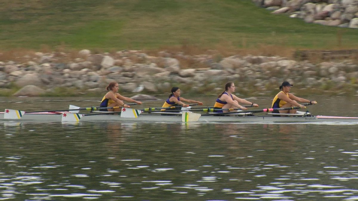 A team can be seen competing at the 2022 Saskatoon Rowing Clubs 'head of the Saskatchewan' regatta on Sept. 17, 2022. 