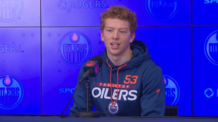 Reid Schaefer speaks to reporters at Rogers Place on Sept. 14, 2022.