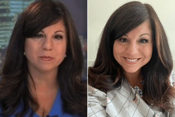 Julie Chin appears in a side-by-side composite photo. One picture is a screengrab while she reports the news, the other photo is a selfie shared from the hospital.