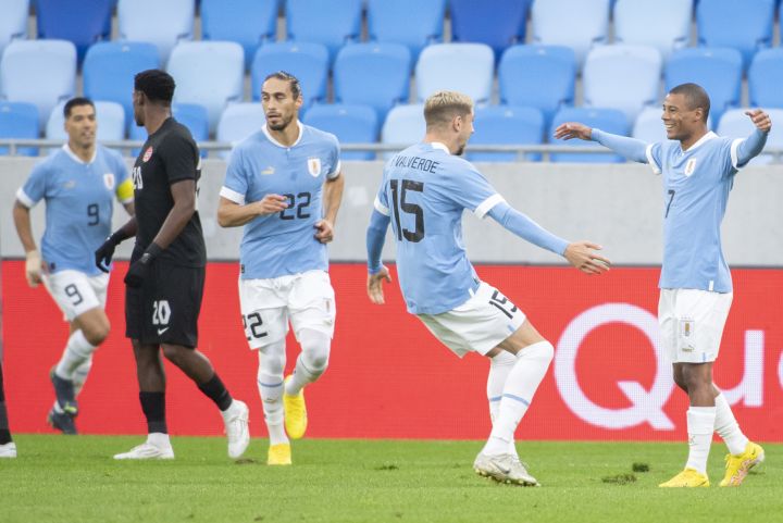 Uruguay’s players celebrate after scoring a goal during the international friendly soccer match between Canada and Uruguay in Bratislava, Slovakia, Tuesday, Sept. 27, 2022.