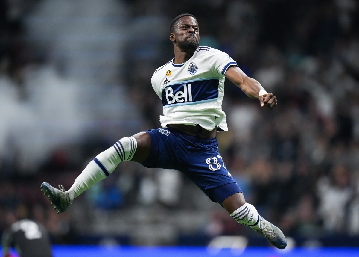 Tosaint Ricketts of the Vancouver Whitecaps celebrates his goal during second-half MLS action against the Los Angeles Galaxy at B.C. Place in Vancouver, on Wednesday, September 14, 2022.