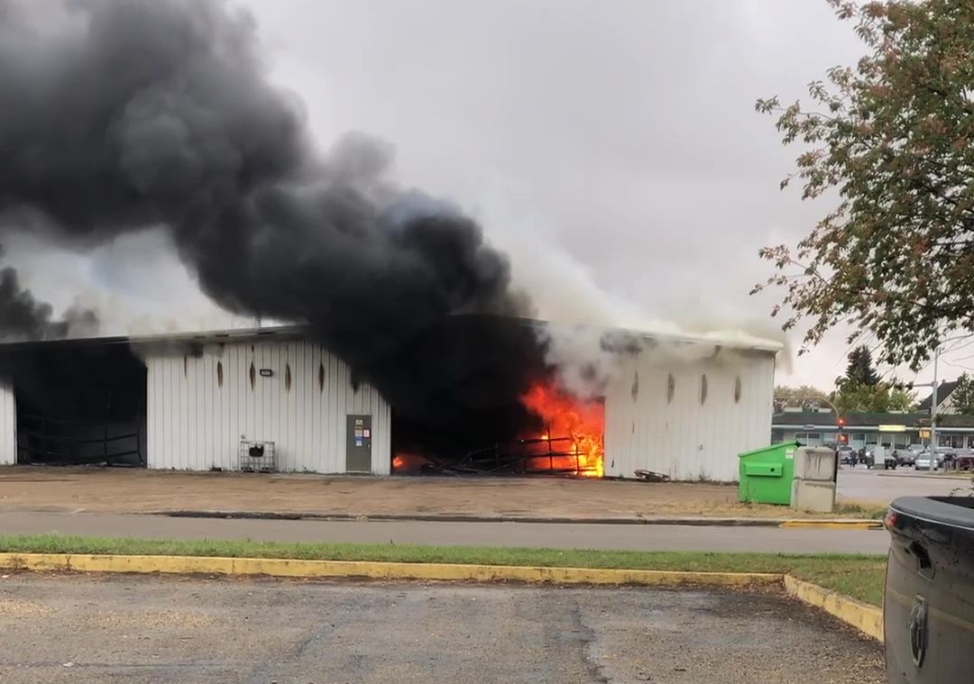 A large fire at Full Throttle Truck & Trailer Repair in Vegreville, Alta. on Monday, Sept. 19, 2022.