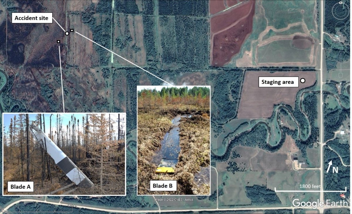 Map showing the location of the staging area and Evansburg wildfire helicopter crash site, with inset photos of the 2 main rotor blades (Blade A and Blade B)