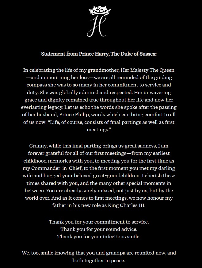 The statement shared by Prince Harry to the Archwell website, paying tribute to his late grandmother.