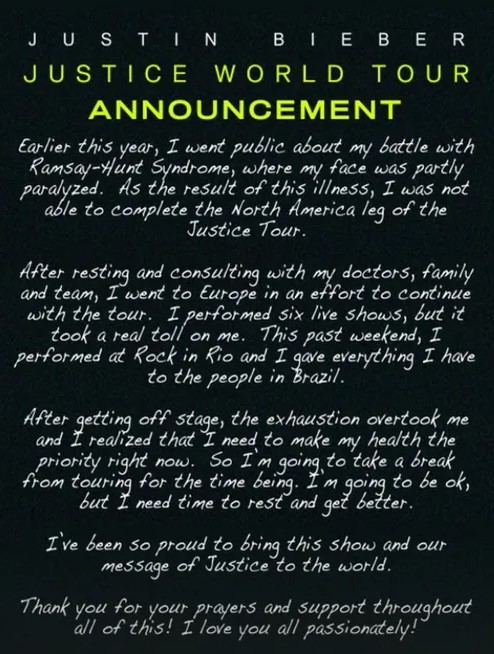 Justin Bieber shared with fans that he will postpone the rest of his Justice World Tour dates to focus on his health.