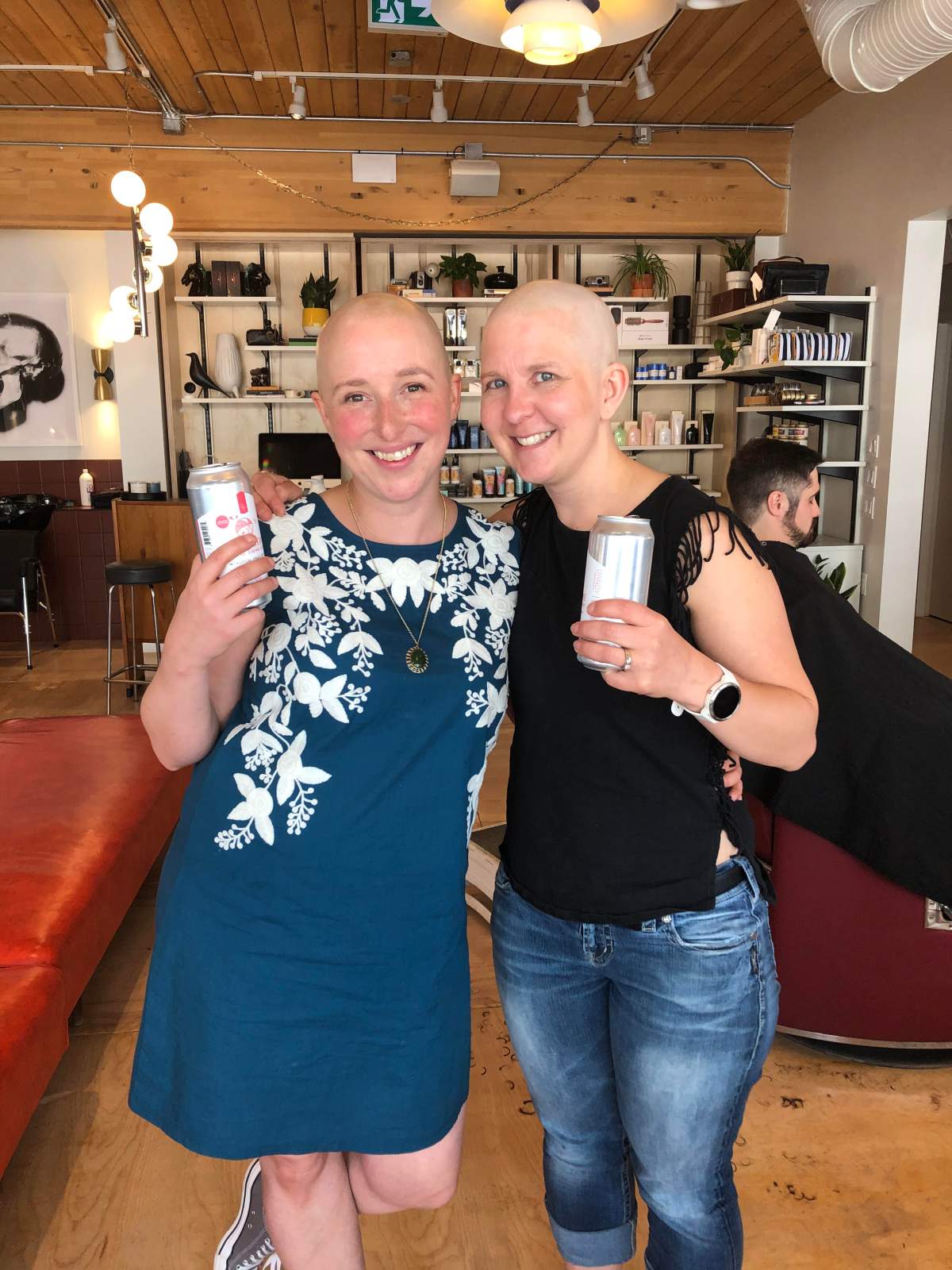Kerri, also a young woman with breast cancer, and I went and got our heads shaved at a barber to celebrate the end of our chemotherapy treatments in the summer of 2019.