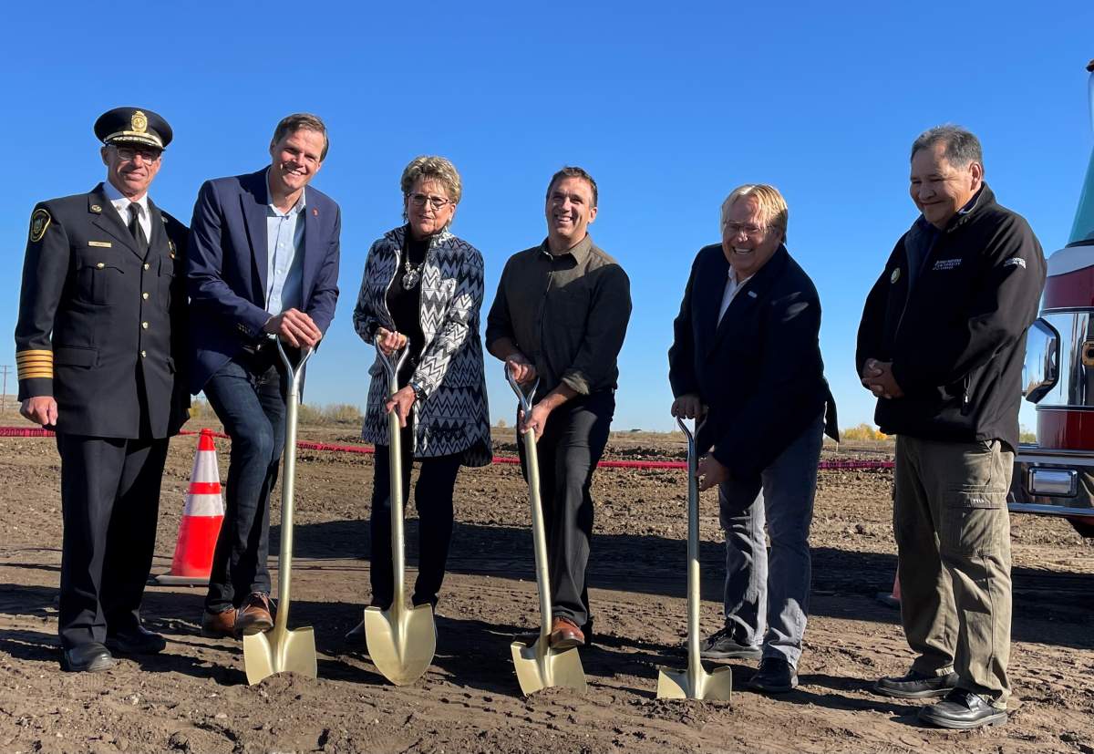 Left to Right are: Saskatoon Fire Department Fire Chief, Morgan Hackl, Mayor of Saskatoon, Charlie Clark, Reeve of the RM of Corman Park, Wendy Trask, Deputy Mayor of Martensville, Tyson Chillog, Mayor of Warman Elder Gilbert Kewistep, Gary Philipchuk.