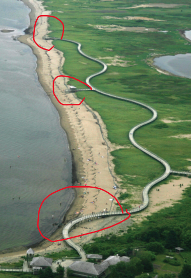 This pre-Fiona aerial photo of the boardwalk at La Dune de Bouctouche shows where it was damaged.