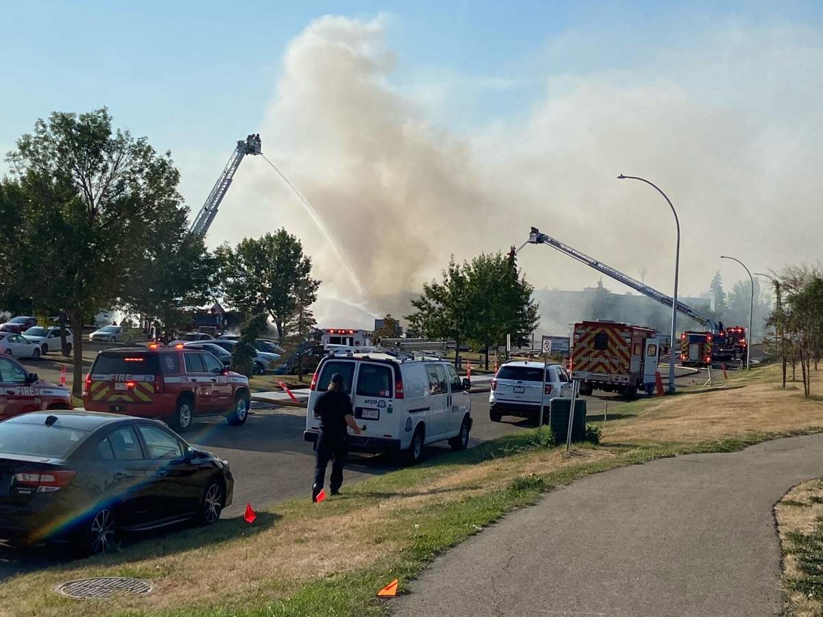 Fire crews battle blaze at a building in the area of 95 Avenue and 49 Street Monday, Sept. 12, 2022.