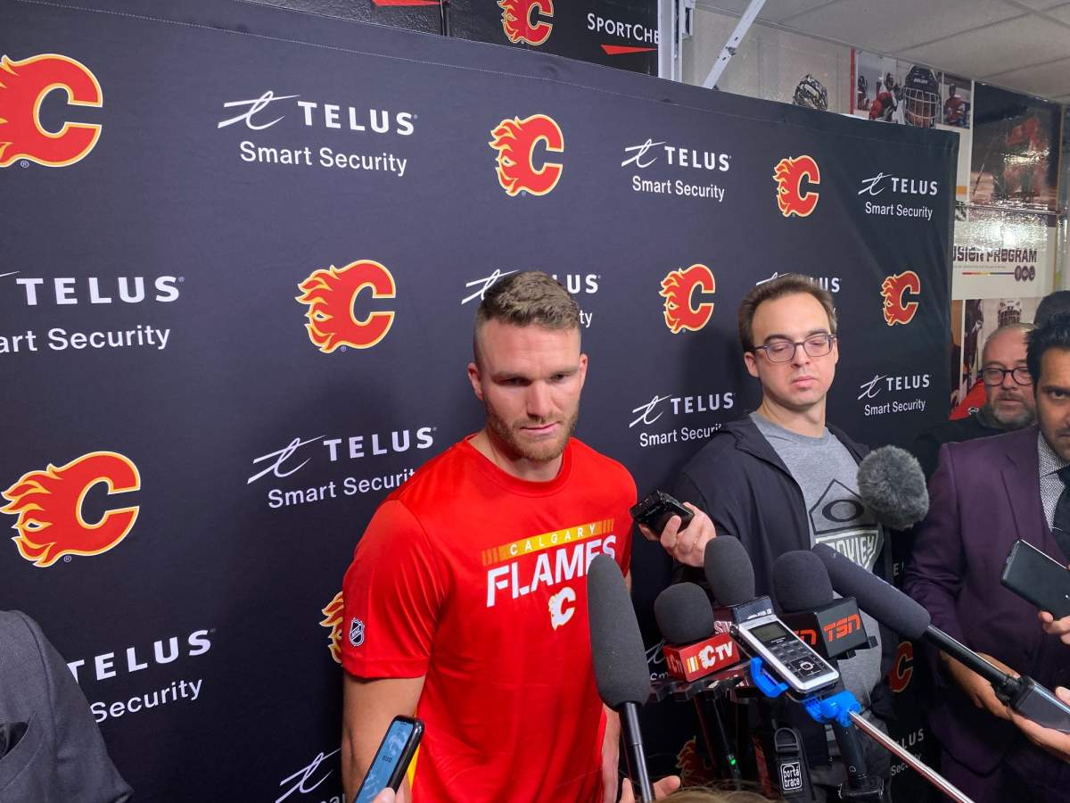Forward Jonathan Huberdeau speaks at Calgary Flames training camp Thursday, Sept. 22, 2022.