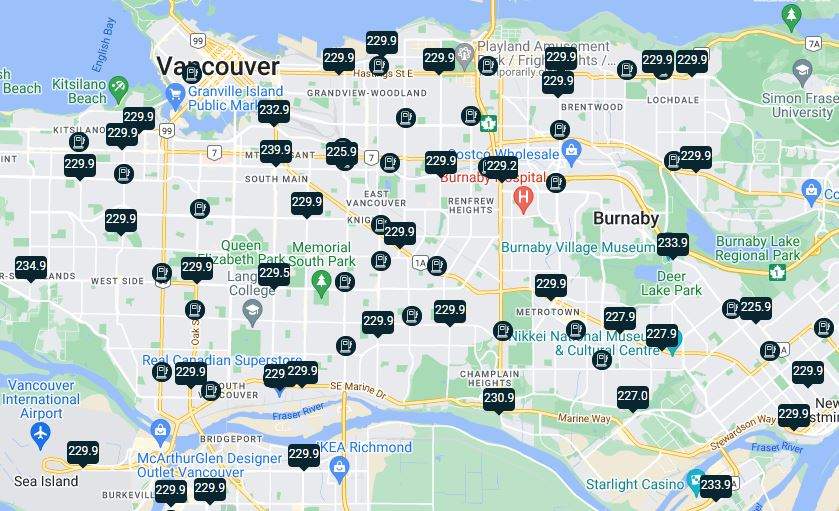A GasBuddy map that shows gas prices around Vancouver as off 7 a.m. on Thursday.