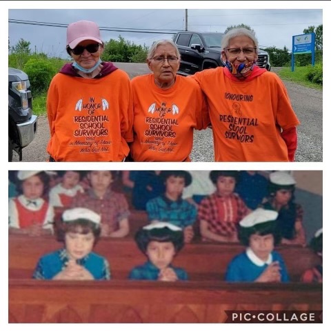 Left to right, Rose Prosper, Ducy Paul and her sister Freda Paul are seen in 2021, and below in an undated photo from the residential school.