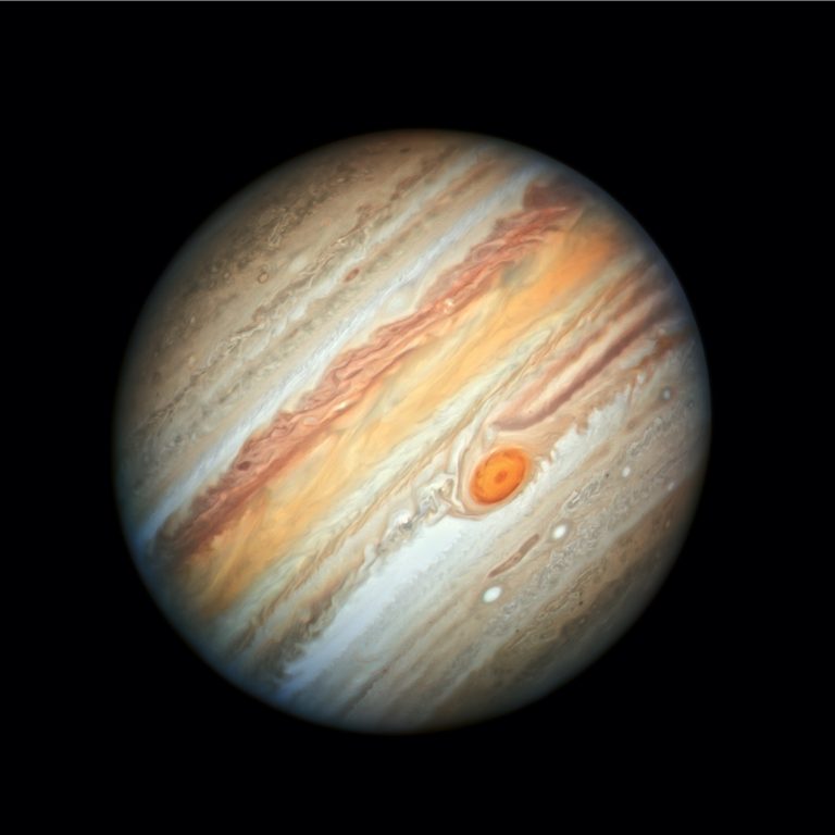 This photo of Jupiter, taken from the Hubble Space Telescope on June 27, 2019, features the Great Red Spot, a storm the size of Earth that has been raging for hundreds of years.