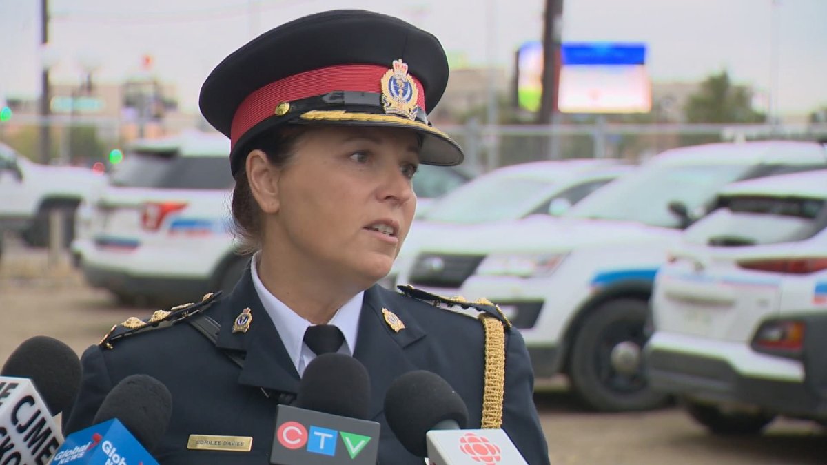Regina Police Service Deputy Chief Lorilee Davies updates reporters after a report of a gun sent a Regina high school into lockdown Friday morning. 
