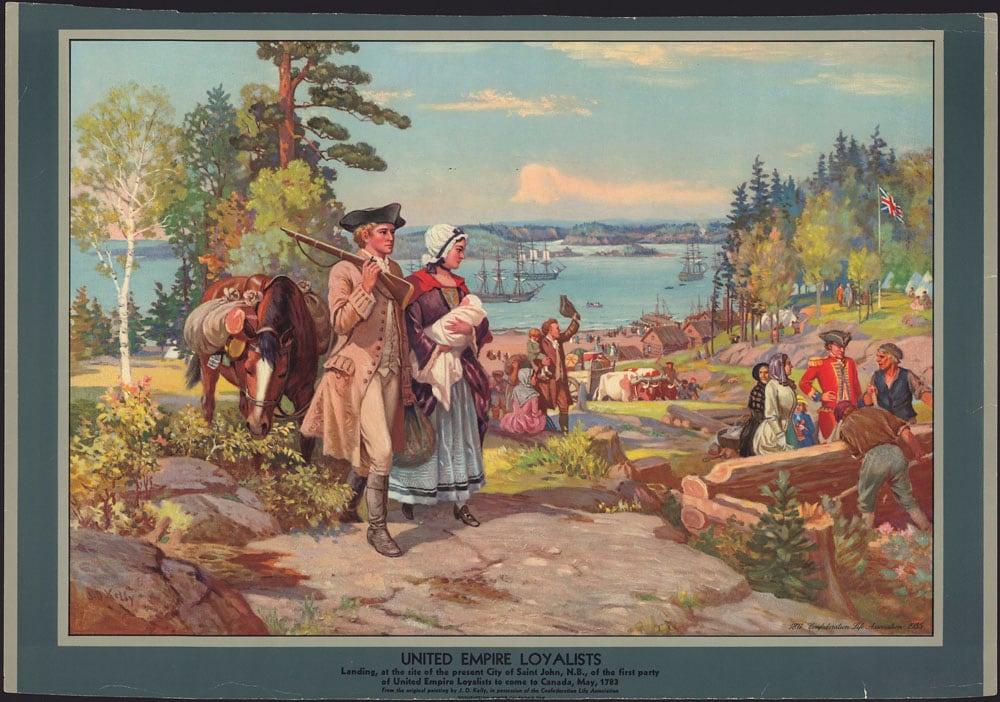 Painting of United Empire Loyalists arriving in Canada to find land they can farm.