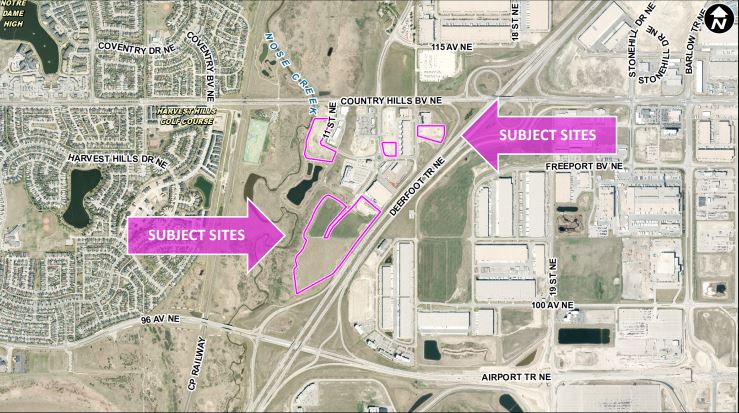 The four properties near Nose Creek included in the land-use redesignation application to Calgary city council.