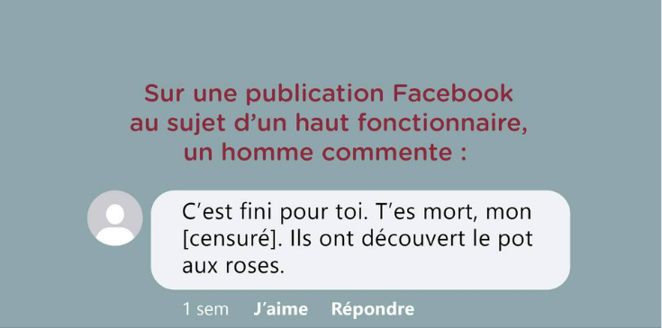 An example of an online threat made against a senior official, as shown by the Quebec prosecutor’s office.