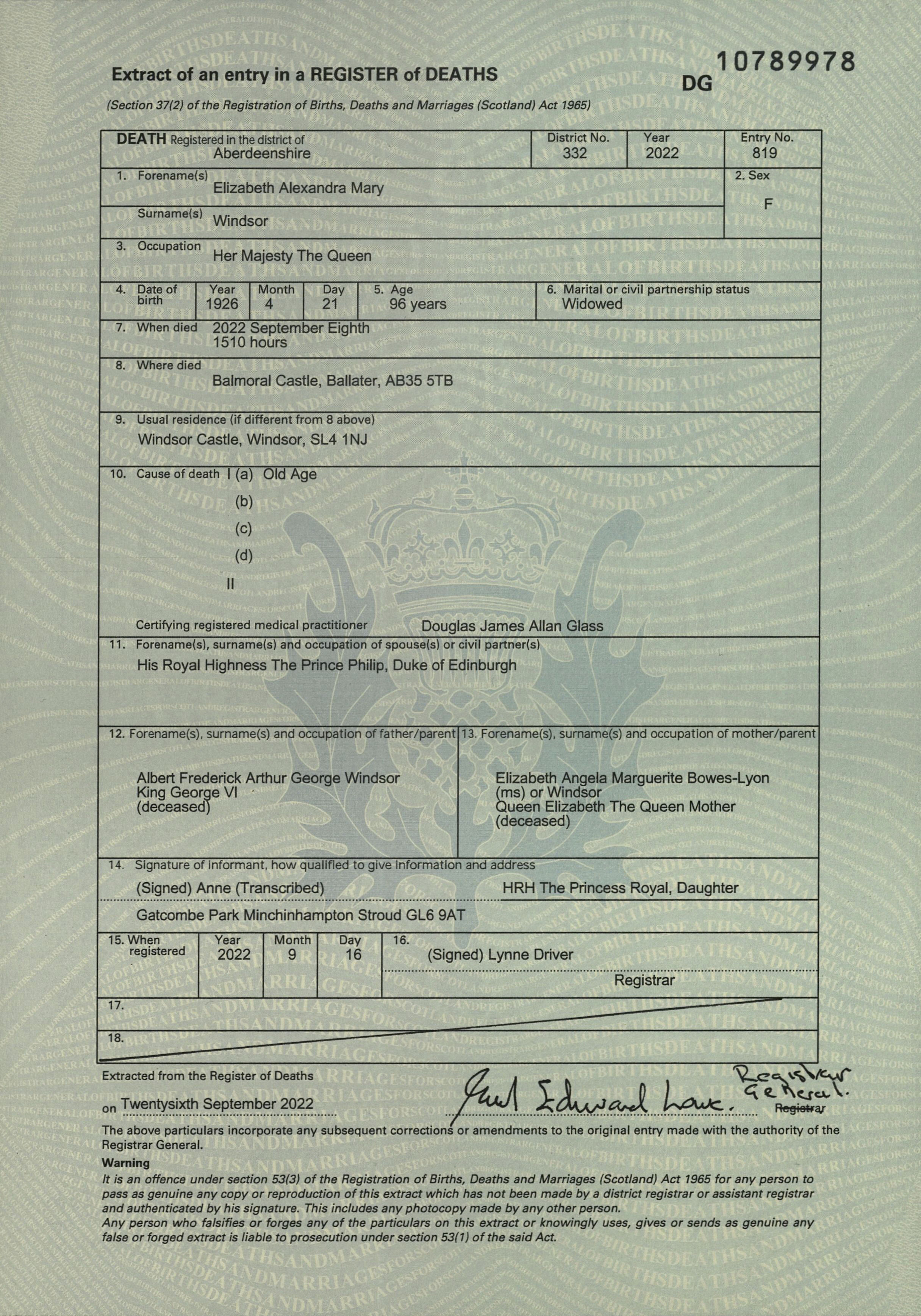 Queen Elizabeth II Died Of Old Age Death Certificate Shows   Queen Elizabeth Death 