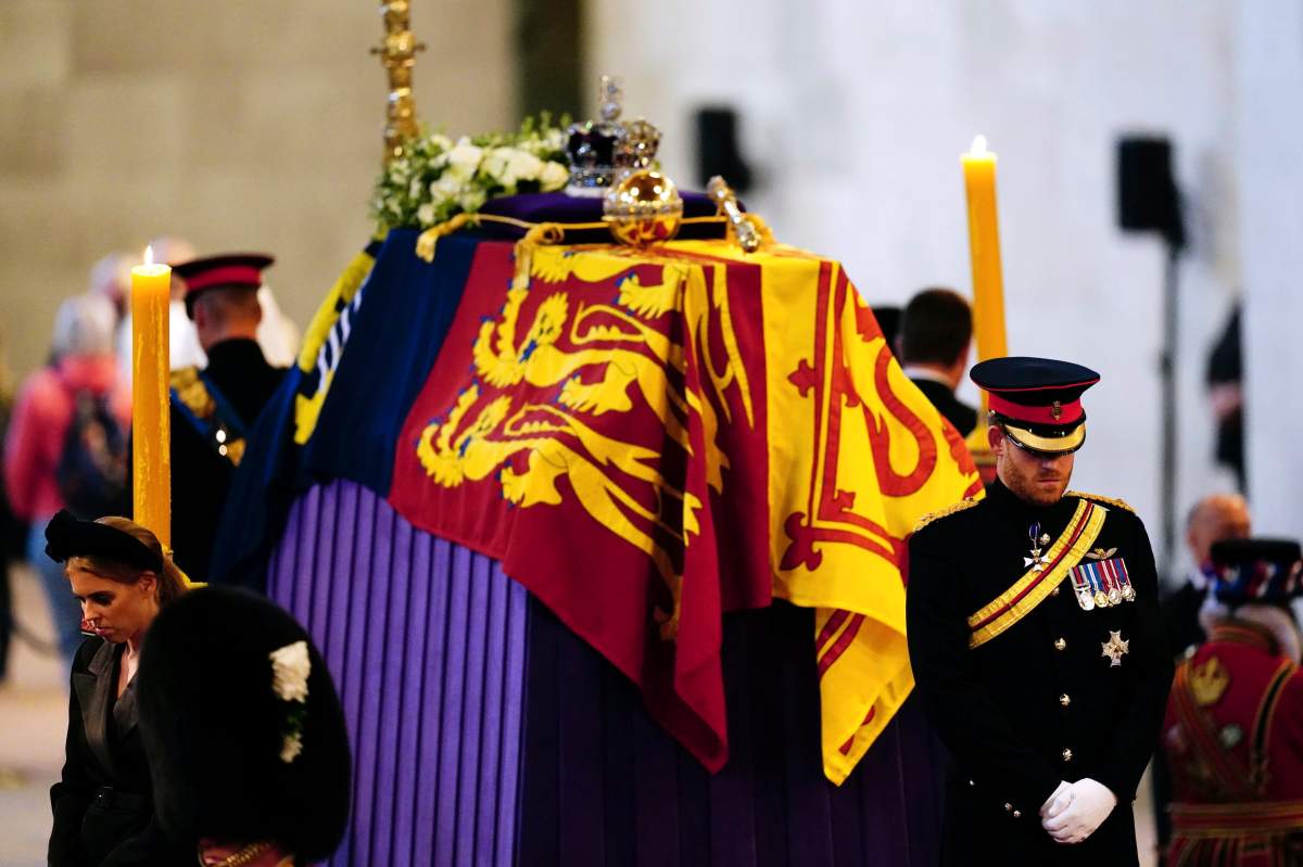 Queen Elizabeth's coffin lying in state.