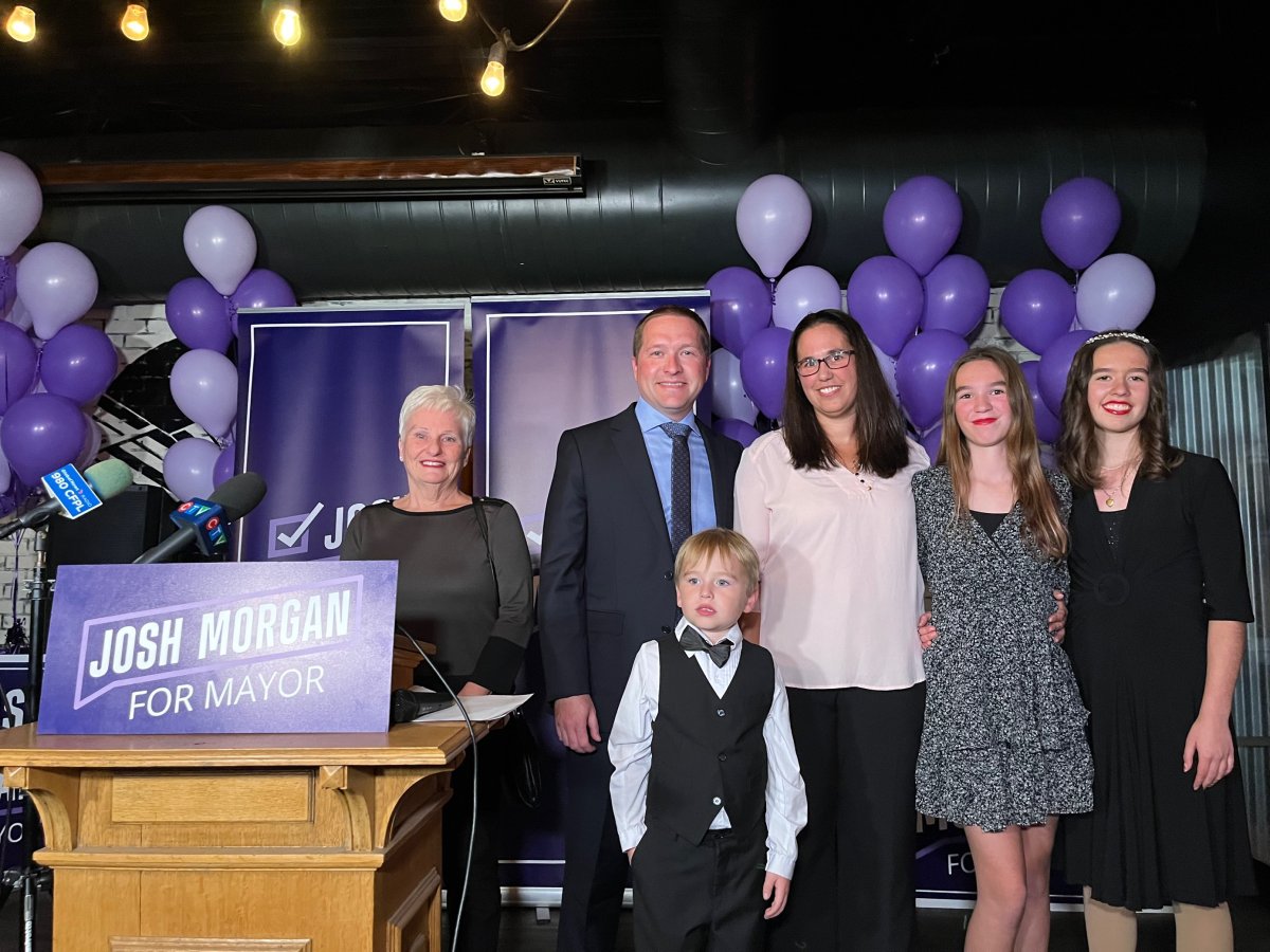 Mayor-elect Josh Morgan and family members at an election night event at Toboggan Brewing Co., Oct. 24, 2022 in London, Ont. 