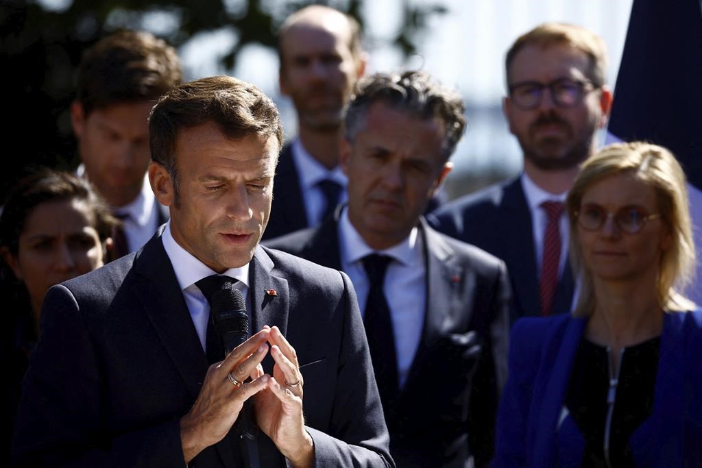 French President Emmanuel Macron delivers a speech at the Sub-Prefecture in Saint-Nazaire after a visit at the Saint-Nazaire offshore wind farm, off the coast of the Guerande peninsula in western France, Thursday, Sept. 22, 2022.