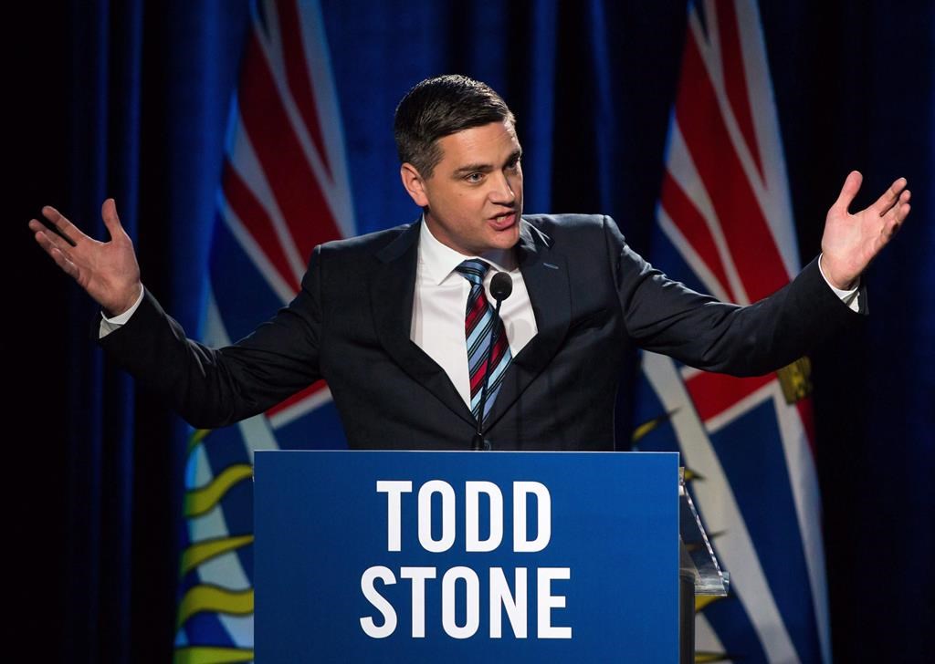 Todd Stone speaks during a BC Liberal Leadership debate in Vancouver, B.C., on Tuesday Jan. 23, 2018. The Opposition BC Liberals are calling for an all-party pay freeze as a show of solidarity with people struggling to make ends meet during inflationary times.THE CANADIAN PRESS/Ben Nelms.