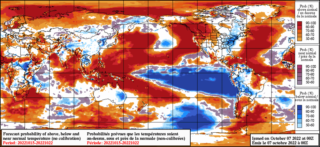 Environment Canada’s temperature anomaly forecasts predict warm waters in the Pacific Ocean off the coast of B.C. well past the middle of October.