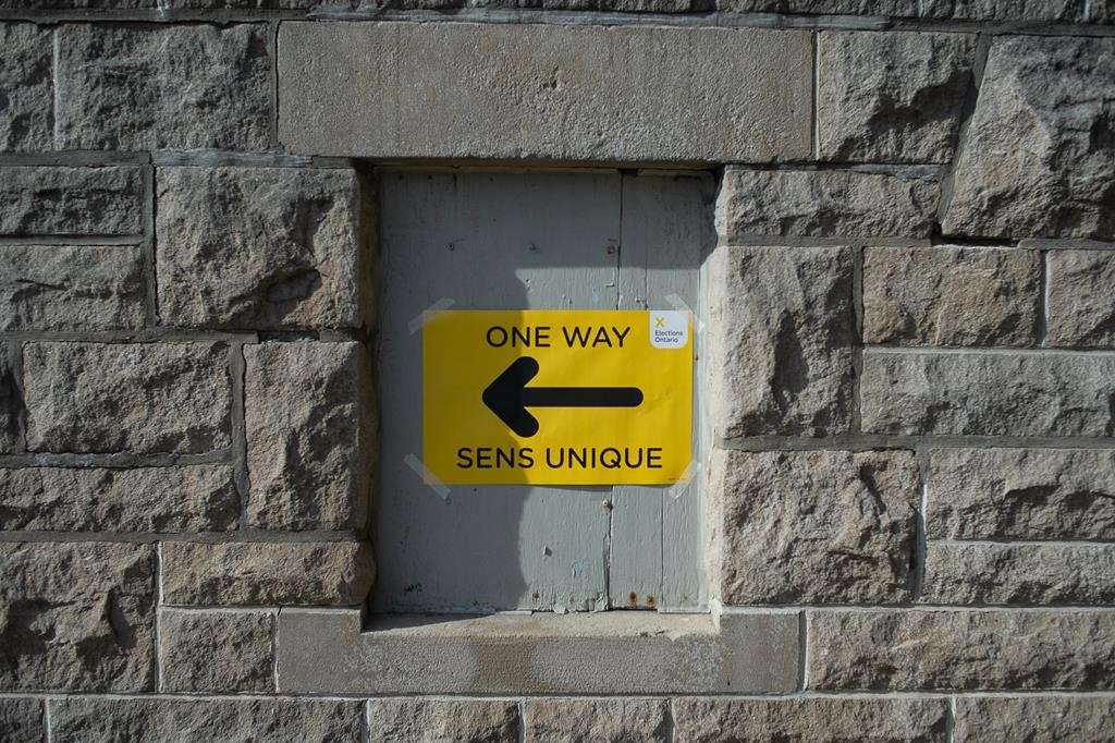 A sign directs voters to a polling station in Hamilton, Ont., Thursday, June 2, 2022.