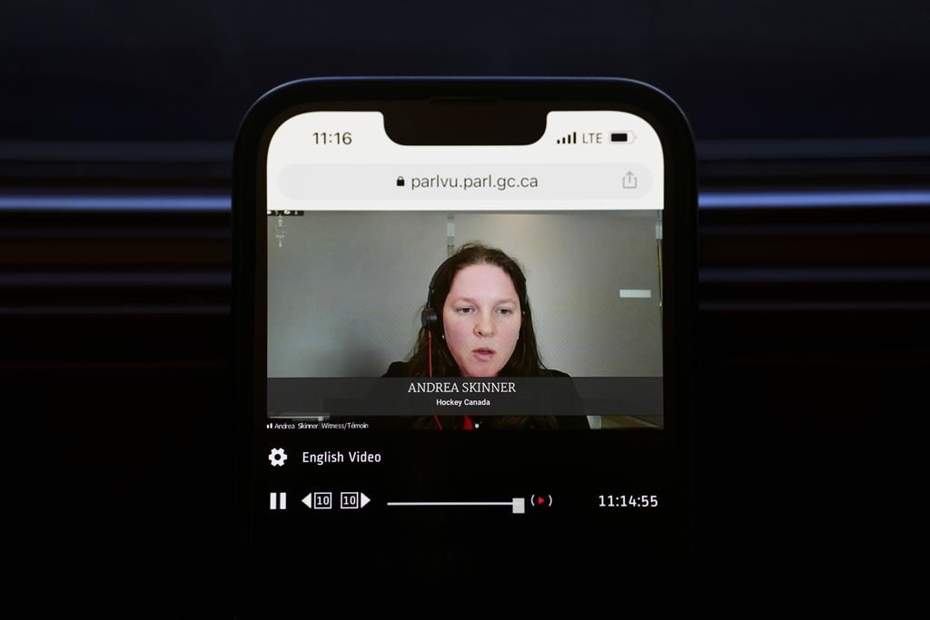 Andrea Skinner, Interim Chair of the Board of Directors, Hockey Canada, is pictured on ParlVU as she appears virtually as a witness at a House of Commons Committee on Canadian Heritage on Parliament Hill in Ottawa on Tuesday, Oct. 4, 2022.