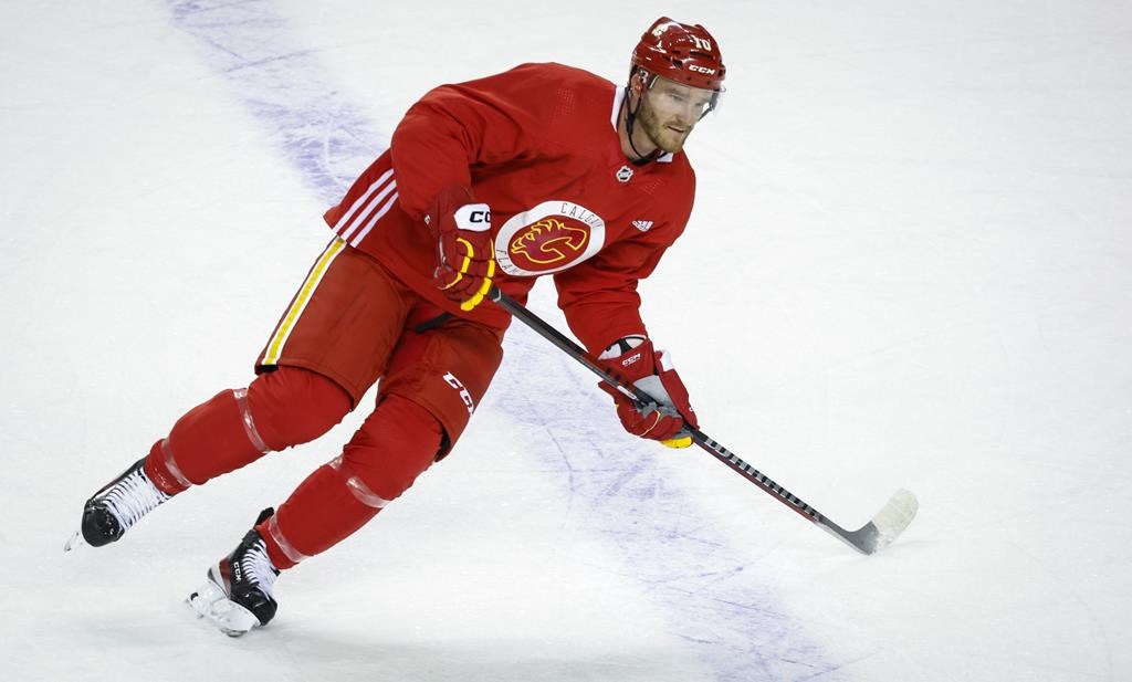 Calgary Flames forward Jonathan Huberdeau skates during a training camp practice in Calgary, Alta., Thursday, Sept. 22, 2022.