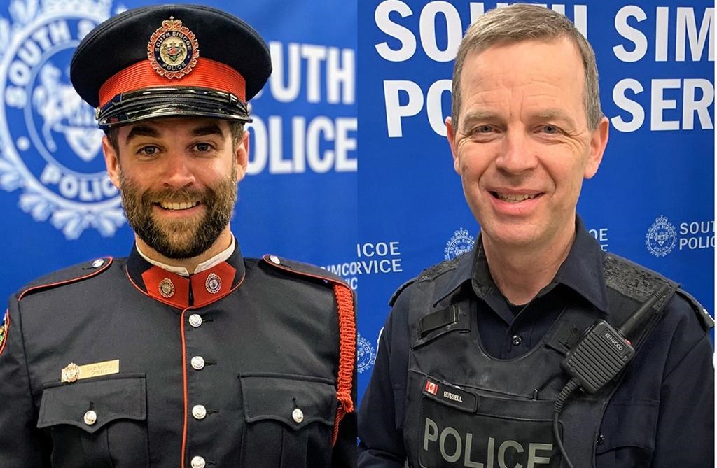 Const. Devon Northrup (left) and Const. Morgan Russell are shown South Simcoe Police Service handout photos. The officers were killed after responding to a disturbance call at a home in Innisfil, Ont. on Tuesday night.
