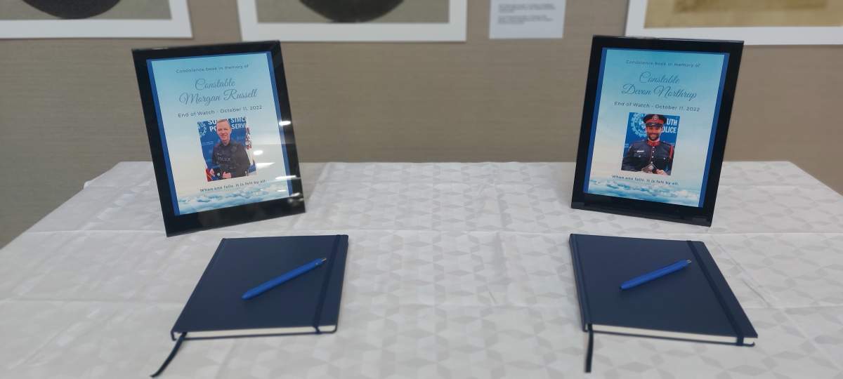 Books of condolence in Innisfil Town Hall for Const. Morgan Russell and Const. Devon Northrup.