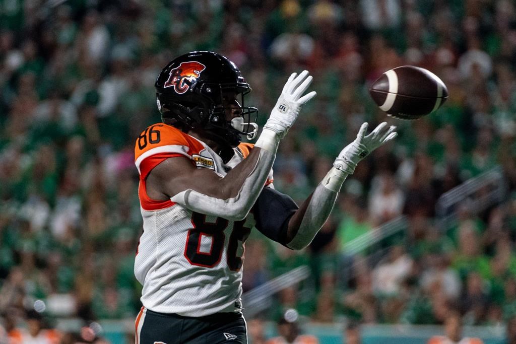 BC Lions receiver Jevon Cottoy (86) catches the football against Saskatchewan Roughriders during the fourth quarter of CFL football action against BC Lions in Regina on August 19, 2022.