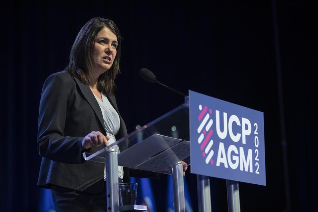 Alberta Premier Danielle Smith speaks at the United Conservative Party AGM in Edmonton, Saturday, Oct. 22, 2022. Smith told reporters at the AGM that she is looking into legal advice on forgiving fines that were handed out to those who broke pandemic rules and restrictions.