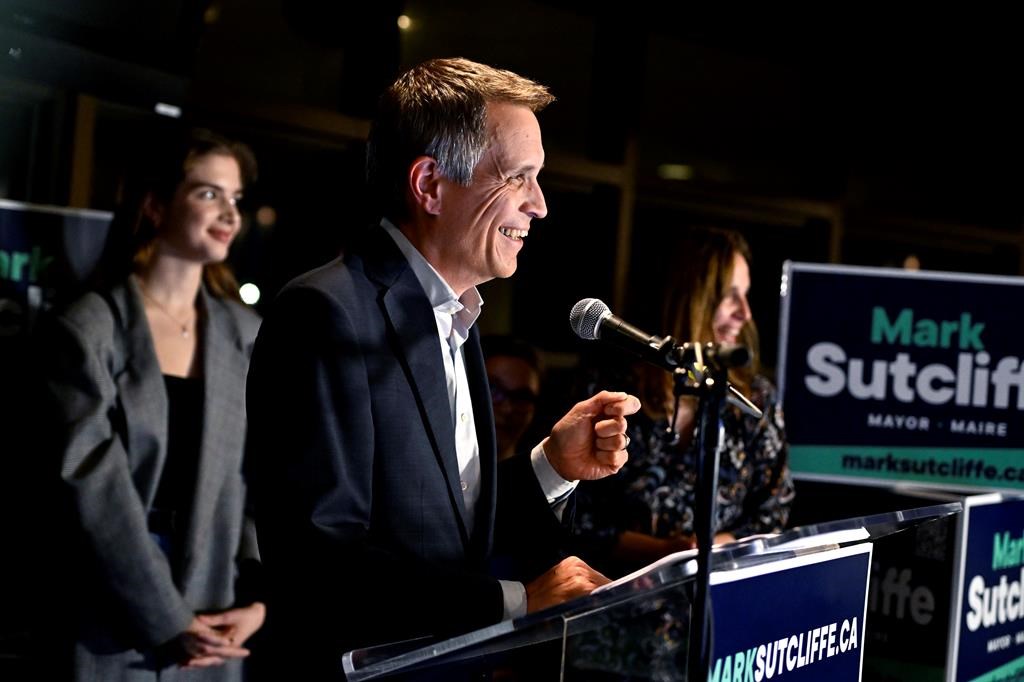 Mark Sutcliffe delivers his victory speech after being elected mayor of Ottawa in the 2022 municipal election, in Ottawa, on Monday, Oct. 24, 2022. THE CANADIAN PRESS/Justin Tang.