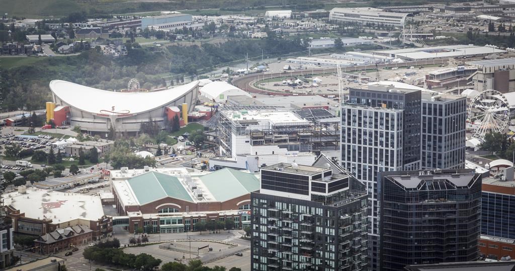 A view of the Calgary Stampede grounds and the Saddledome seen from the Telus Sky building in Calgary, Alta., Wednesday, July 6, 2022.