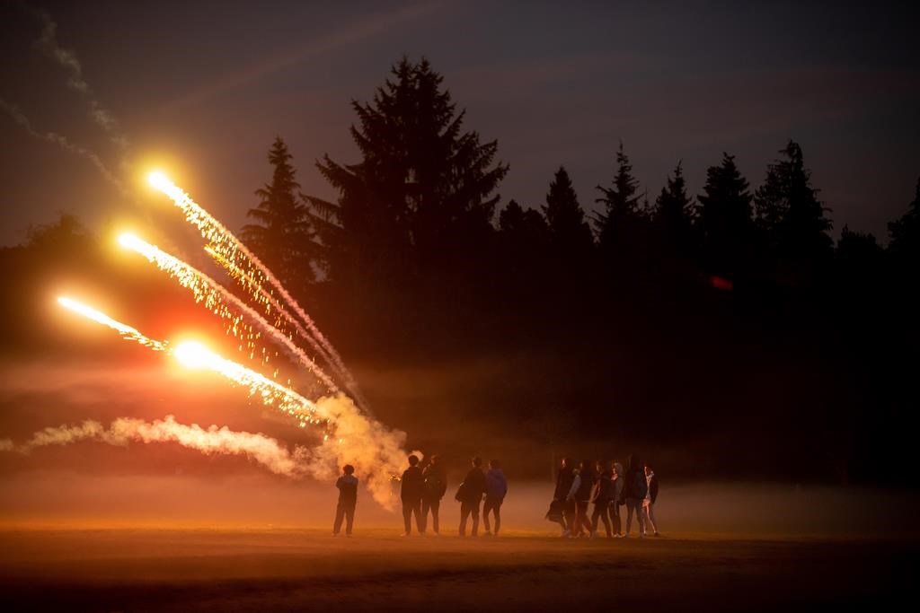 A group of young men shoot off fireworks on Halloween in Vancouver, on Saturday, October 31, 2020.