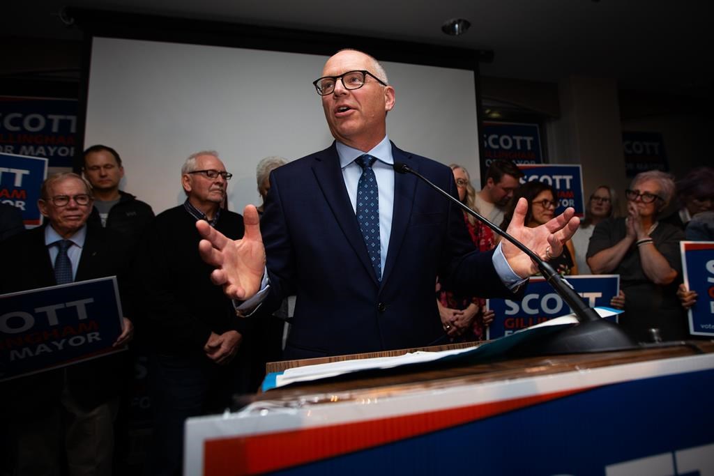 Scott Gillingham gives a victory speech after being declared the next mayor of Winnipeg, on Wednesday, October 26, 2022.