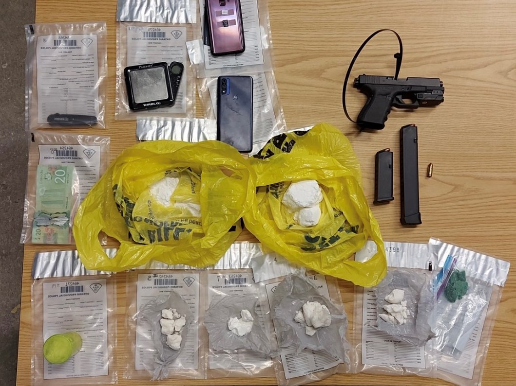 Huronia West/Collingwood Ontario Provincial Police (OPP)  seized a loaded Glock 19 handgun, 46 rounds of 9mm ammunition, body armour, fentanyl, powder cocaine, crack cocaine, and hydromorphone tablets.