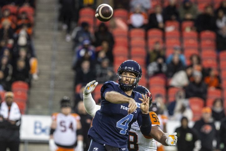 Toronto Argonauts quarterback McLeod Bethel-Thompson makes throws against the B.C. Lions during second half CFL football action in Toronto on Saturday October 8, 2022.