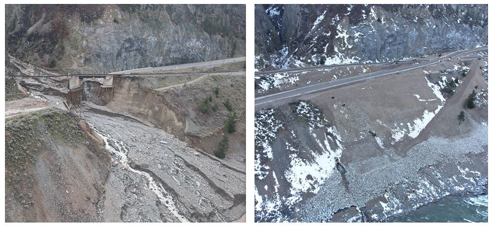 A side-by-side comparison of the Tank Hill washout along the Trans-Canada Highway in the Fraser Canyon from last November, and repair work done last January. The alignment is a temporary repair and planning for long-term repairs to the highway is underway.
