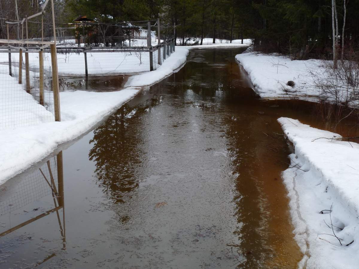 Floodwaters cover Ray Chipeniuk's driveway near Smithers, B.C. in this 2018 photo. The British Columbia government has settled for $300,000 on the day a trial was set to begin over a lawsuit filed by a couple whose property flooded twice in the years after a third of the forests in the surrounding watershed were cut down. 