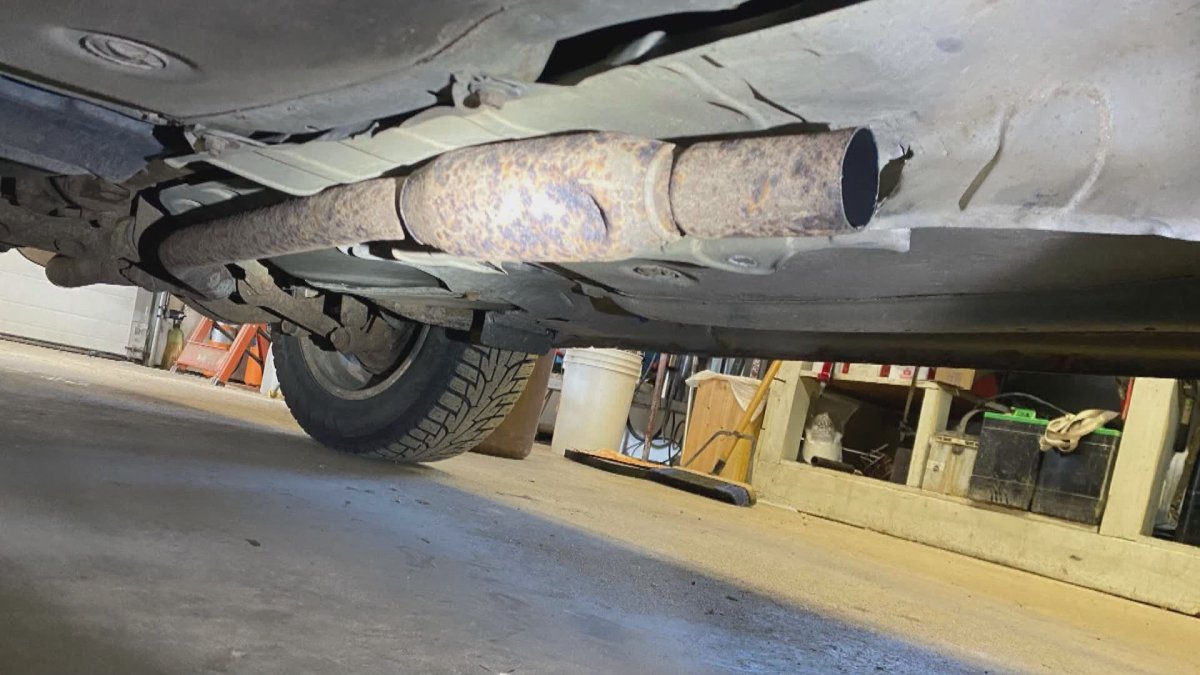 What a vehicle looks like after the catalytic converter has been removed. Peterborough police say 15 were stolen from vehicles on Sunday.