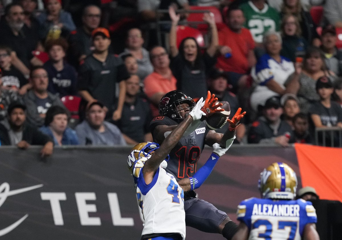 B.C. Lions receiver Dominique Rhymes (19) hauls in a touchdown pass during first-half CFL action against the Winnipeg Blue Bombers at B.C. Place on Saturday, Oct. 15, 2022.